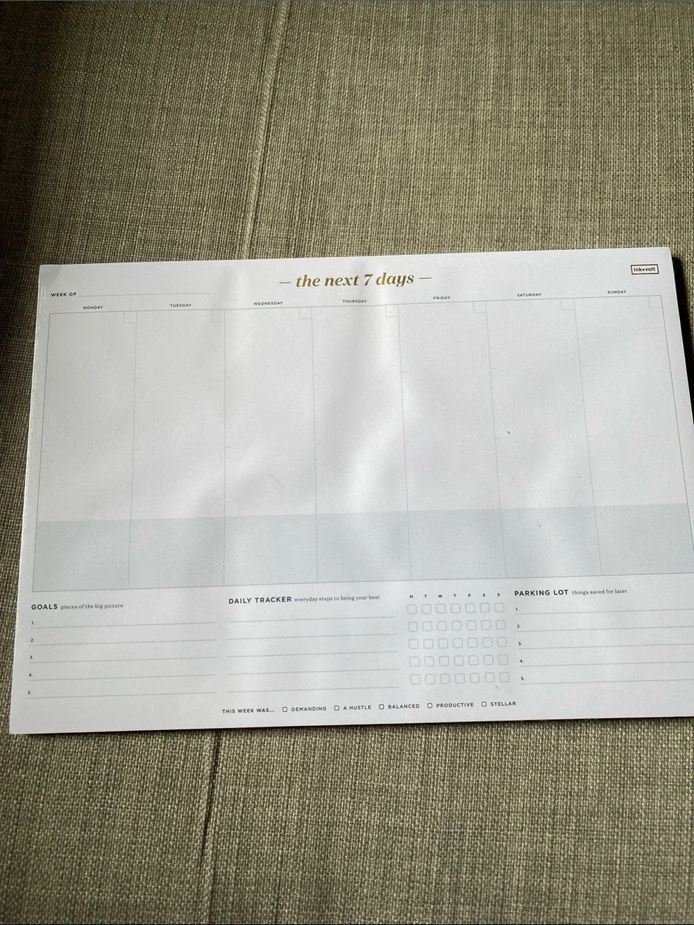 Ink+Volt Weekly Desk Pad Planner in White with Gold Header